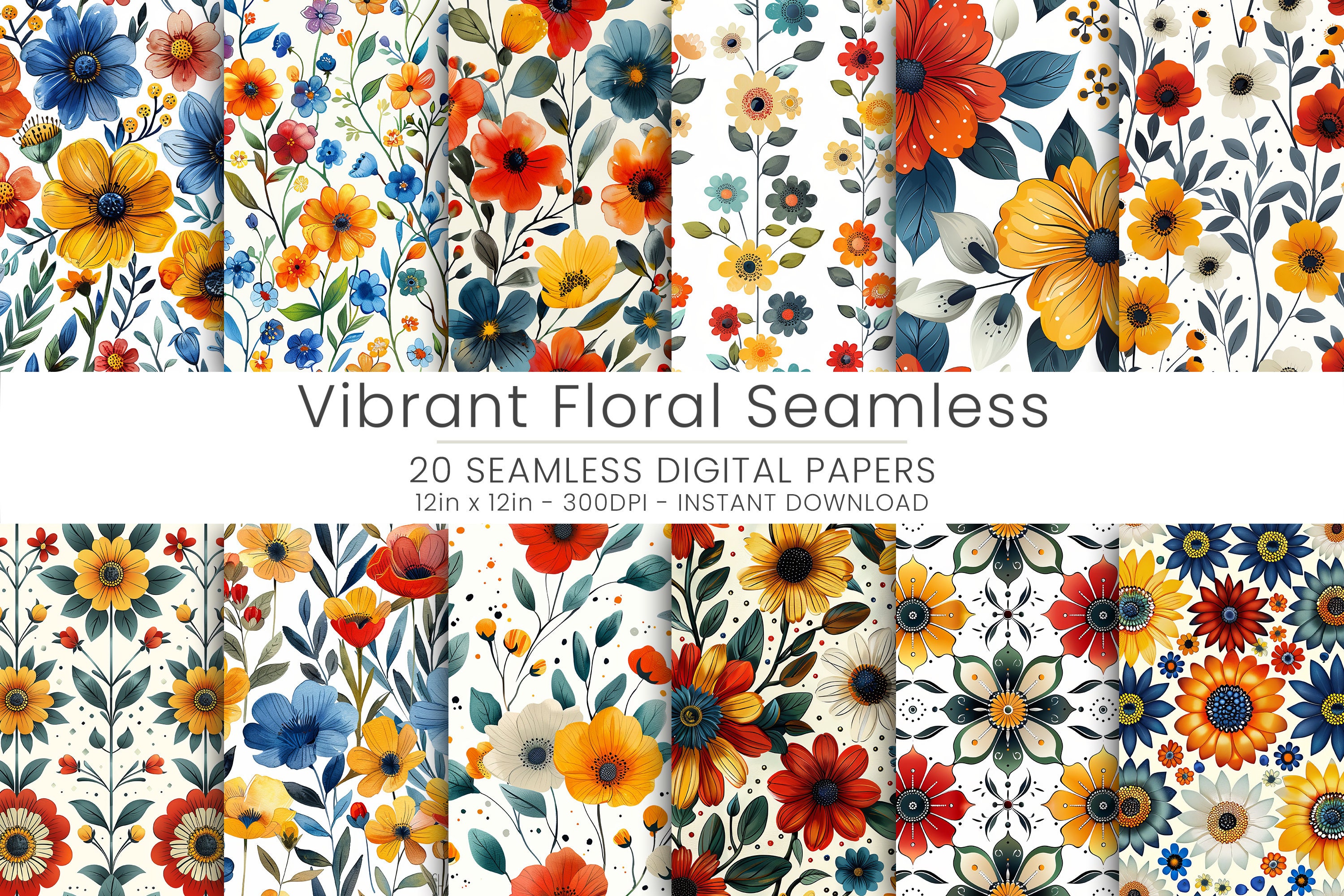 20 Vibrant Floral Seamless Digital Papers - Flower Patterns for ...