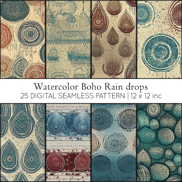 Watercolor Boho Rain Drops, 25 Bohemian Raindrop Design Texture Seamless Repeat Pattern, Backgrounds, Printable Digital Paper, Boho Chic Art