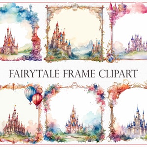 May include: Six watercolor illustrations of fairytale castle frames. Each frame features a different castle with a whimsical design and a white background. The frames are perfect for adding a touch of magic to your projects.