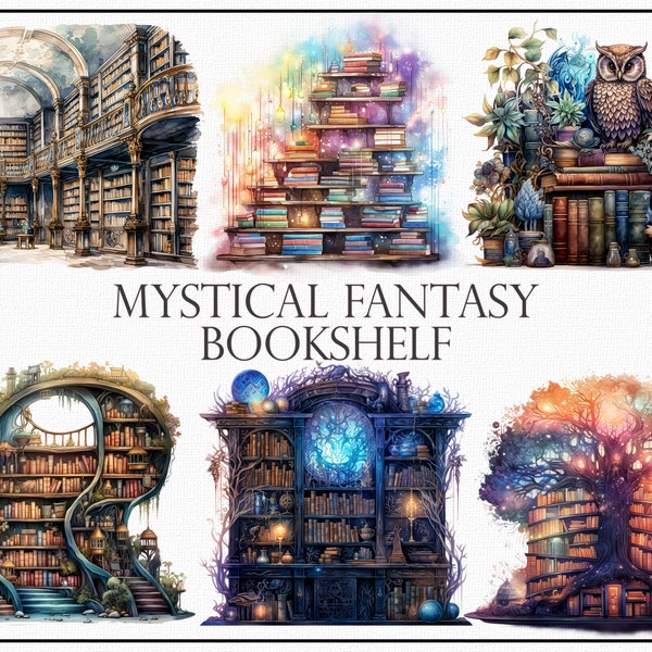 Mystical Fantasy Bookshelf Clipart - 73 Digital Library Graphics, Magical Book Illustrations, Fantasy Bookshelf Wonderland, Digital Book Png