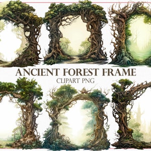 May include: Six digital illustrations of arched frames made of intertwined tree branches and vines. The frames are set against a white background and have a soft, green, and brown color scheme.