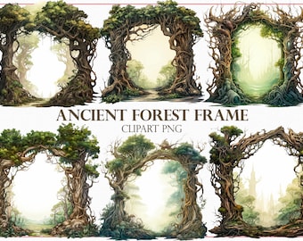 May include: Six digital illustrations of arched frames made of intertwined tree branches and vines. The frames are set against a white background and have a soft, green, and brown color scheme.