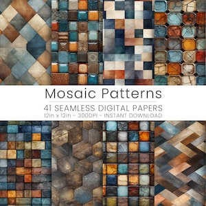 May include: A collection of 41 digital papers featuring seamless mosaic patterns in various colors and styles. The patterns include geometric shapes, hexagons, and squares. The papers are 12 inches by 12 inches and 300 DPI.