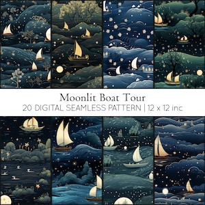 20 Moonlight Boat Tour Digital Papers zijn perfect voor nautische ambachten en decoratie. Woondecoratie, Scrapbooking, Winterpatroon, JPG,