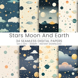 34 Sterrennacht Digitaal Papier, Kosmische Luchten Achtergronden, Galaxy en Sterren Scrapbookpapier, Maan en Sterren Kraftpapier, Hemelse Patronen