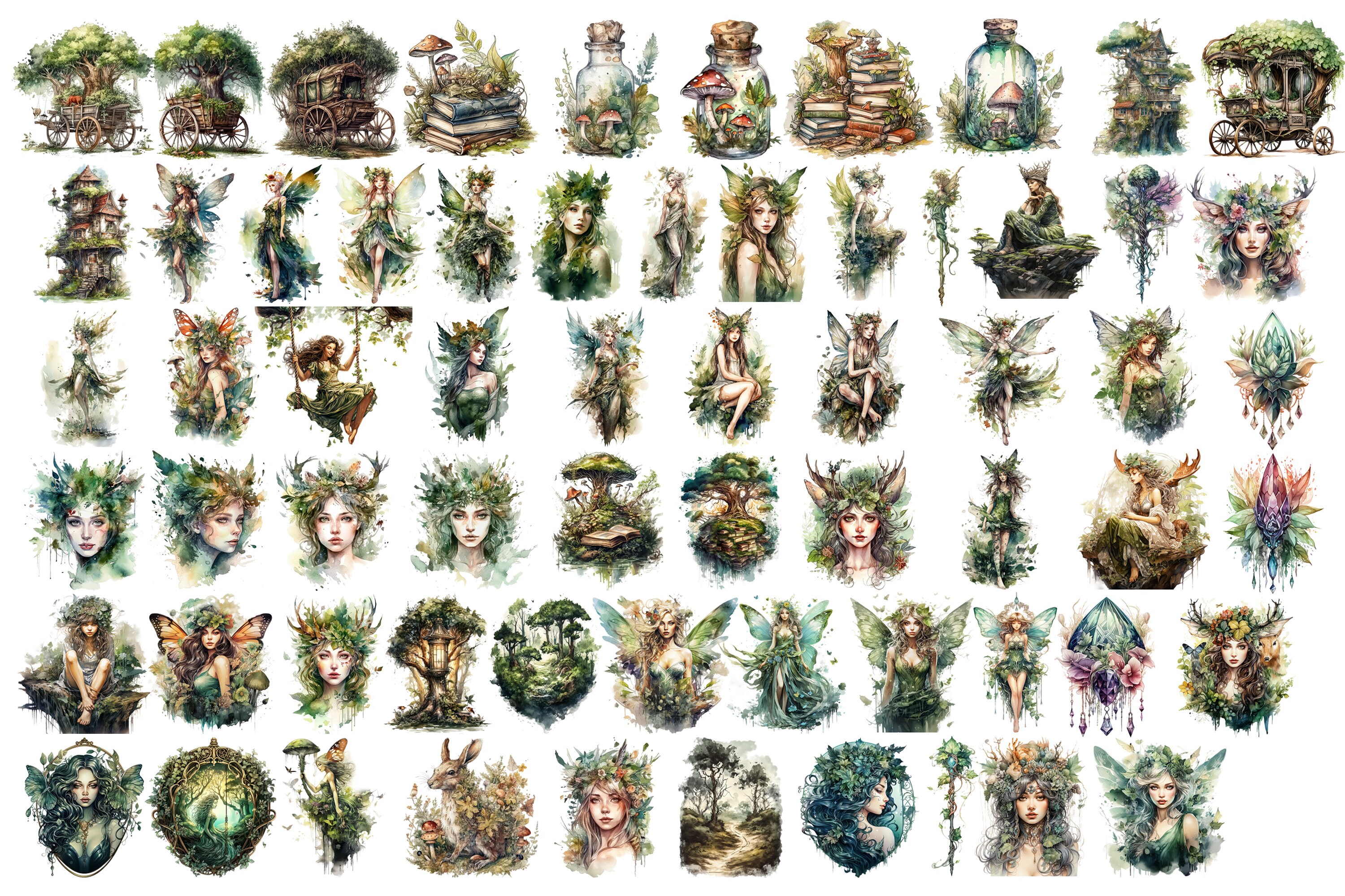 Watercolor Forest Fairy Clipart Bundle | 64 PNG Garden Elements ...