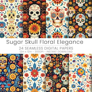 Vibrant Sugar Skull Floral Seamless Pattern | Dia de los Muertos Digital Paper | Mexican Folk Art Design | Colorful Flower Skull Background