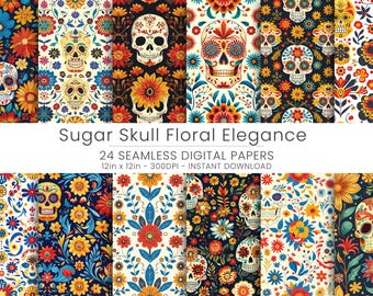 Vibrant Sugar Skull Floral Seamless Pattern | Dia de los Muertos Digital Paper | Mexican Folk Art Design | Colorful Flower Skull Background