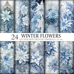 24 Papel digital tamaño carta de flores encantadas de invierno - Diseños mágicos y de temporada Scrapbooking y manualidades creativas, Descarga instantánea, Floral