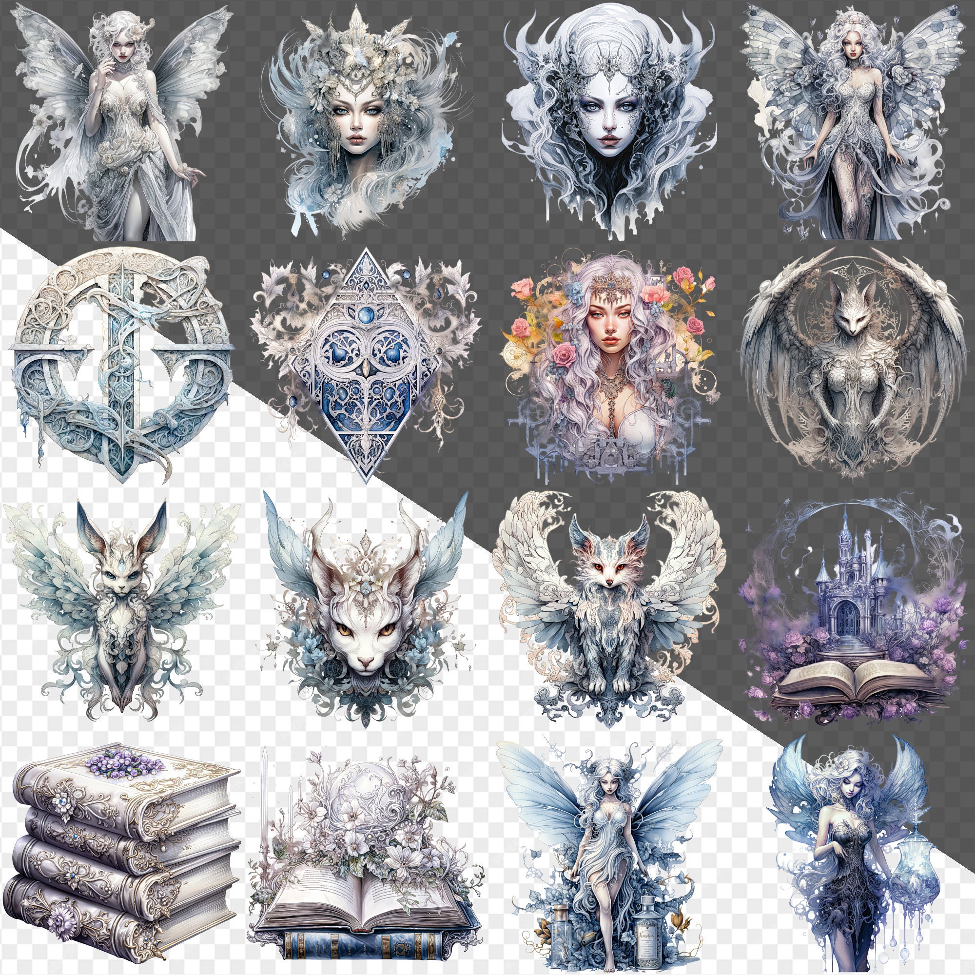 White Gothic Fairy Watercolor Clipart Set | 56 PNG Designs | Perfect ...