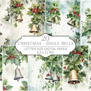 Pacote de papel digital com 20 Jingle Bells de Natal em tamanho carta - Fundos festivos de férias - Download instantâneo, álbum de recortes de inverno, sinos de férias