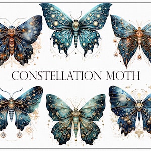 Sterrenbeeld nachtvlinder clipart, hemelse nacht insect afbeelding, mystieke motten met sterrenpatroon, kosmische nachtvlinder illustraties, nachtvlinder scrapbooking