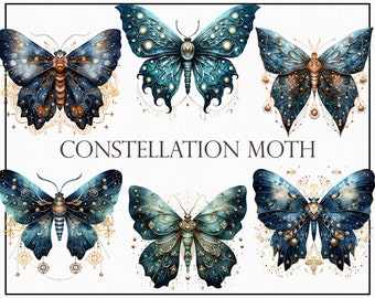 Könnte beinhalten: Sechs Illustrationen von blauen und goldenen Konstellationsmotten mit filigranen Details und himmlischen Mustern. Die Motten sind mit ausgebreiteten Flügeln dargestellt und von goldenen geometrischen Mustern umgeben.