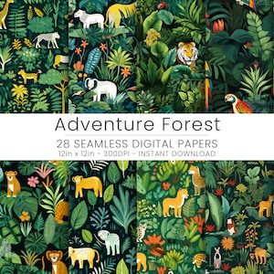 28 papiers numériques Adventure Forest, reproductibles, JPG, scrapbooking, téléchargement immédiat, animaux de la forêt enfantins, fond vert.