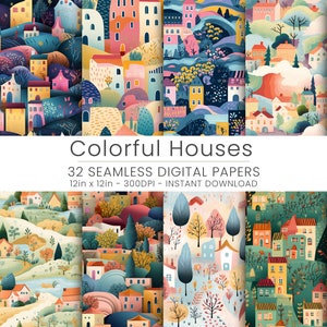 32 Colorful Houses Pattern Seamless Digital Paper - High Resolution for Scrapbooking, Card Making, Web Design