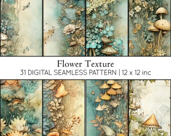 May include: 31 digital seamless patterns featuring watercolor illustrations of flowers, mushrooms, and butterflies in shades of blue, green, and brown. Each pattern is 12 x 12 inches.