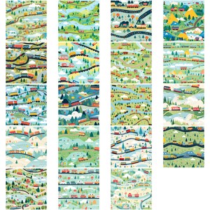 K&ouml;nnte beinhalten: Eine Sammlung von 36 farbenfrohen nahtlosen Mustern mit Z&uuml;gen, die durch verschiedene Landschaften fahren. Die Muster beinhalten Berge, Fl&uuml;sse, B&auml;ume und Wolken. Die Z&uuml;ge sind rot, blau, gelb und gr&uuml;n.