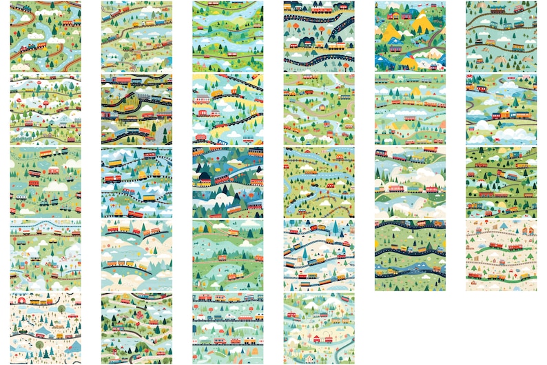 K&ouml;nnte beinhalten: Eine Sammlung von 36 farbenfrohen nahtlosen Mustern mit Z&uuml;gen, die durch verschiedene Landschaften fahren. Die Muster beinhalten Berge, Fl&uuml;sse, B&auml;ume und Wolken. Die Z&uuml;ge sind rot, blau, gelb und gr&uuml;n.
