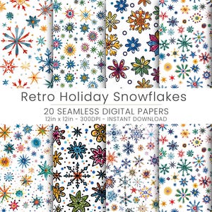 20 retro vakantie sneeuwvlokken naadloos digitaal papier | Vintage winterpatronen | Kerstspullen en knutselspullen | Direct downloaden