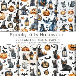 22 不気味な子猫のハロウィーンシームレスデジタルペーパー | かわいい猫のパターン | ハロウィーンスクラップブックとクラフト用品 | 不気味な装飾 | すぐにダウンロード