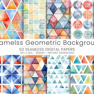 Può includere: 52 carte digitali con motivi geometrici senza cuciture in acquerello. I motivi presentano cerchi, quadrati e triangoli in vari colori, tra cui blu, verde, giallo, arancione, rosso e viola.
