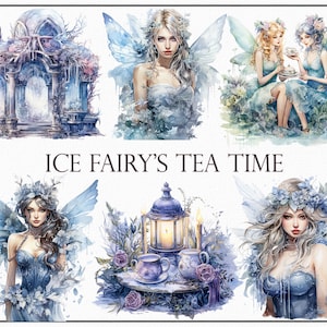 Imágenes prediseñadas de la hora del té del hada del hielo, 25 diseños PNG de invierno, Perfecto para invitaciones, álbumes de recortes, tarjetas, manualidades, diarios y arte digital