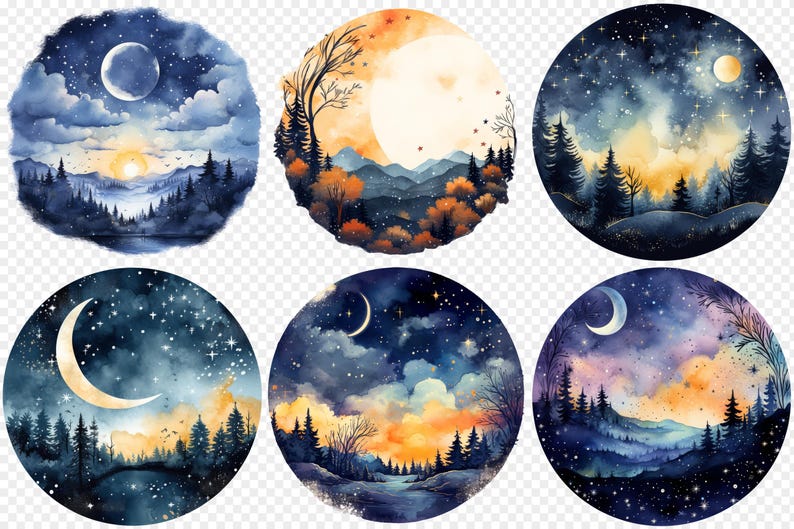 Starry Night Sky Watercolor Clipart, 24 Moon and Stars Landscape Pngs ...