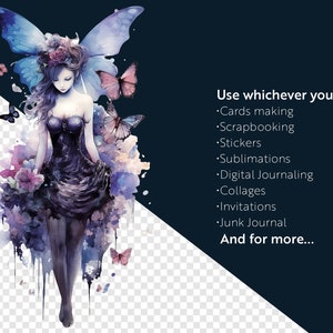 May include: Watercolor illustration of a fairy with blue wings and a black dress, surrounded by butterflies and flowers. The text "Use whichever you want." is written in white on a dark blue background, followed by a list of uses for the image, including card making, scrapbooking, stickers, and more.