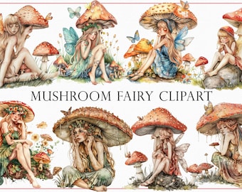 Mushroom Fairy Clipart, 28 Fairy Tale Graphics in Watercolour Clipart, woodland fantasy Png, whimsical fairy art, enchanted forest images