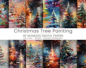 40 Christmas Tree Painting Digital Paper, Home Decor, Scrapbooking, Repeatable, Digital Downloand, Tree Background, Colorful Christmas Tree