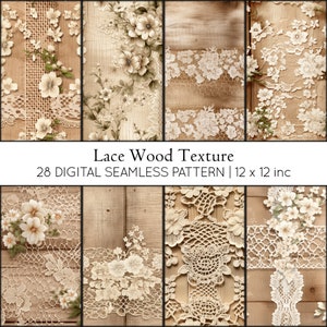 Puede incluir: Un conjunto de 28 patrones digitales sin costuras que presentan texturas de encaje y madera. Los patrones miden 30,5 cm por 30,5 cm y son perfectos para proyectos de artesanía y diseño.