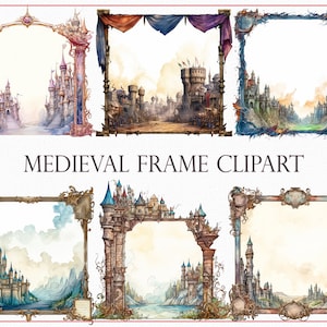 May include: Set of six digital clipart images featuring watercolor illustrations of medieval castle frames. Each frame features a different castle design with a white background for adding text or images.