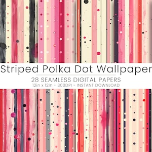 Könnte beinhalten: Ein Set mit 28 digitalen Papieren mit einem gestreiften Polka-Dot-Muster in den Farben Rosa, Rot und Schwarz. Die Papiere sind 30,5 cm x 30,5 cm groß und haben eine Auflösung von 300 DPI.