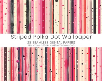28 Striped Polka Dot wallpaper Digital Paper,  Instant Download, JPG, Repeatable, Digital Download, Pink Background, Kids Room Decor.