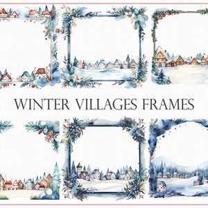 Cornici dei villaggi invernali - Bordi del villaggio innevato, Cornice festiva, Clipart del paesaggio invernale, Cornice del villaggio di Natale, Arte del bordo festivo