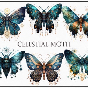Puede incluir: Cinco ilustraciones de polillas celestiales con detalles intrincados. Cada polilla tiene un diseño único con acentos dorados y azules. Las polillas están rodeadas de estrellas y otros elementos celestiales.
