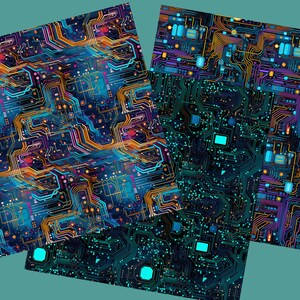 May include: Abstract digital art featuring a colorful circuit board design with blue, orange, and purple lines and shapes.