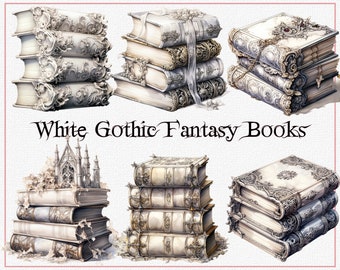White Gothic Fantasy Books Clipart, Elegant Book Illustrations (PNG)
