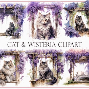 Katzen- und Glyzinien-Cliparts, 20 skurrile florale Katzen-Designs, florale Katzen-Cliparts, Glyzinienblüten-Grafiken, Blumen- und Katzen-Designs