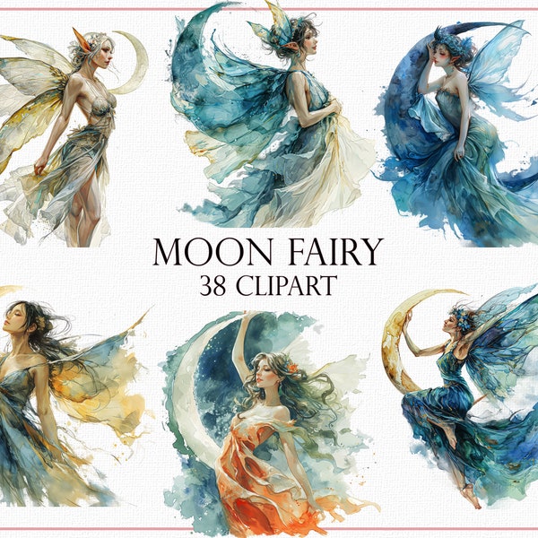 Moon Fairy Clipart - 38 Transparent Watercolor Images, Ethereal Fairy Illustrations, Moonlight Fantasy Clip Art, Fairy Tale Clipart