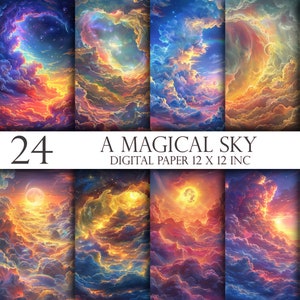 24 Una carta digitale Magical Sky, Sfondi - Download istantaneo, Artigianato stampabile, Scrapbook, Inivazioni, JPG, Sfondo del cielo, Sfondo della luna