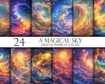 Może przedstawiać: Pakiet papieru cyfrowego z 24 obrazami magicznych niebios z chmurami, gwiazdami i planetami w odcieniach niebieskiego, pomarańczowego, żółtego i fioletowego. Na obrazie widnieje tekst "A Magical Sky" i "Digital Paper 12 x 12 inc".