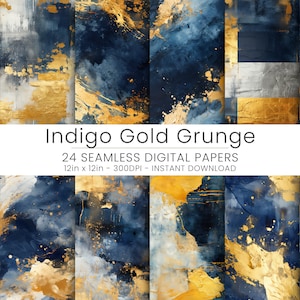以下が含まれることがあります： インディゴブルーとゴールドの抽象的なペイントスプラッターのシームレスなパターンを特徴とする、24枚のデジタルペーパーのセット。ペーパーは12インチ×12インチ、300 DPIです。  Indigo Gold Grunge - 24 Seamless Digital Papers 12in x 12in - 300DPI - Instant Download