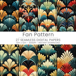 Peut inclure: Un ensemble de 27 papiers numériques présentant un motif répétitif de ventilateurs stylisés dans différentes couleurs, notamment le bleu sarcelle, le jaune, l'orange et le rouge. Le fond est noir. Le texte "Fan Pattern" et "27 Seamless Digital Papers" est affiché sur une bannière blanche.