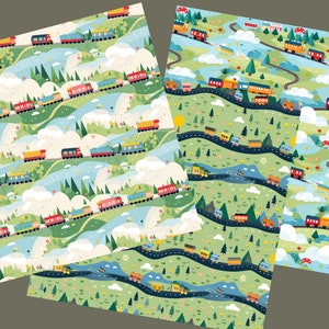 K&ouml;nnte beinhalten: Drei nahtlose Muster mit bunten Z&uuml;gen, die durch eine fantasievolle Landschaft mit gr&uuml;nen H&uuml;geln, blauen Fl&uuml;ssen, wei&szlig;en Wolken und gelben Blumen fahren.