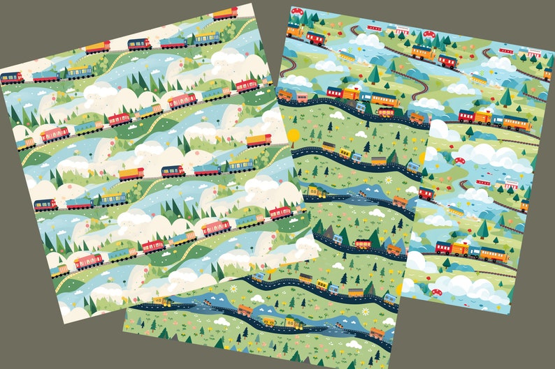 K&ouml;nnte beinhalten: Drei nahtlose Muster mit bunten Z&uuml;gen, die durch eine fantasievolle Landschaft mit gr&uuml;nen H&uuml;geln, blauen Fl&uuml;ssen, wei&szlig;en Wolken und gelben Blumen fahren.