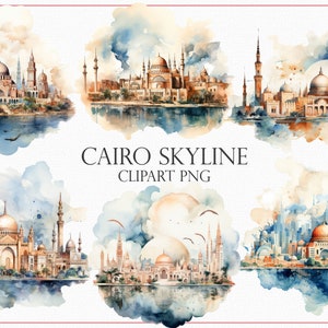 Może przedstawiać: Aquarelowe ilustracje panoramy Kairu z różnymi meczetami i minaretami. Ilustracje umieszczono na tle niebieskiego nieba z białymi chmurami i odbiciem miasta w wodzie poniżej. Tekst "CAIRO SKYLINE CLIPART PNG" jest wyświetlany pod ilustracjami.