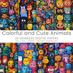 Kleurrijke en schattige dierenfiguren: 26 naadloze digitale papiersets, perfect voor scrapbooking, feesten en kunstprojecten, achtergrond