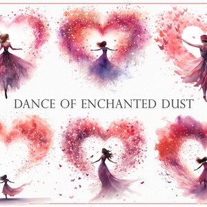Dance of Enchanted Dust Clipart, 27 Fairy Tale Heart PNG, Watercolour Pink Illustration, magical dance, whimsical illustration, fantasy png