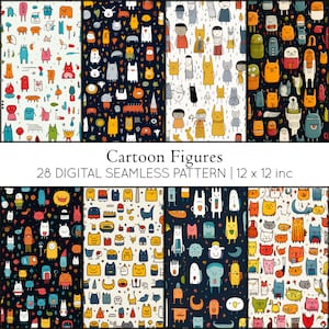 Papel Digital con 28 Figuras de Dibujos Animados, Scrapbooking, Papel Digital, Jpg, Descarga Instantánea, Patrón habitación niños, Patrones Sin Costuras